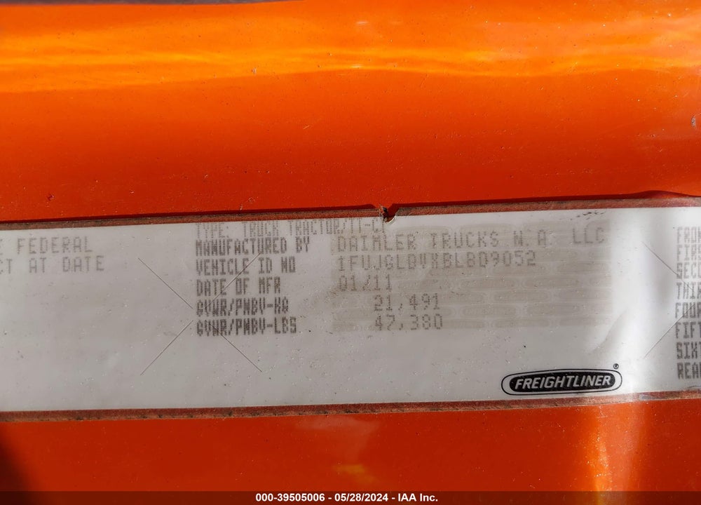 2011 FREIGHTLINER CASCADIA 125 VIN: 1FUJGLDVXBLBD9052