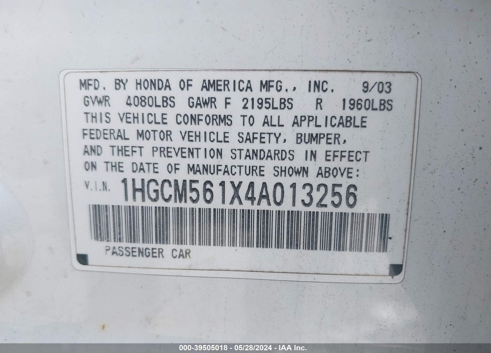 2004 HONDA ACCORD 2.4 DX VIN: 1HGCM561X4A013256