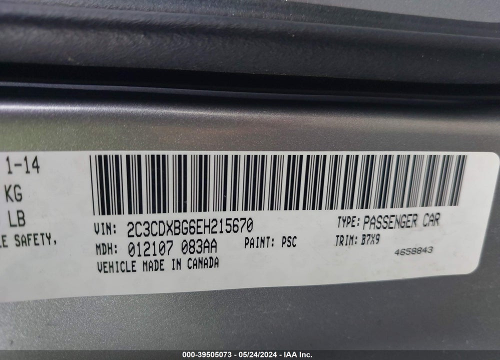 2014 DODGE CHARGER SE VIN: 2C3CDXBG6EH215670
