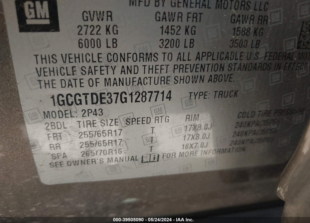 2016 CHEVROLET COLORADO Z71 VIN: 1GCGTDE37G1287714