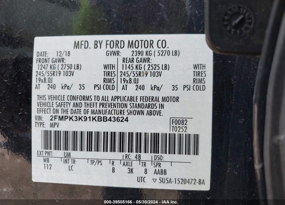2019 FORD EDGE TITANIUM VIN: 2FMPK3K91KBB43624