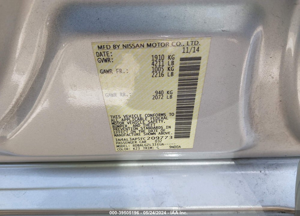 2015 NISSAN ALTIMA 2.5/2.5 S/2.5 SL/2.5 SV VIN: 1N4AL3AP5FC209773