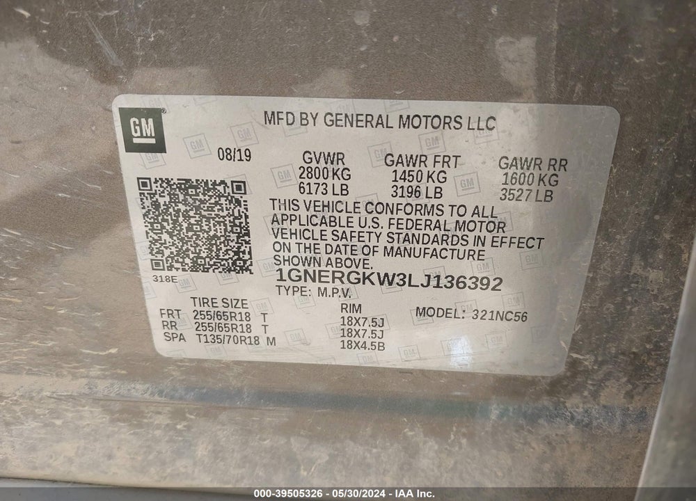 2020 CHEVROLET TRAVERSE FWD LT CLOTH VIN: 1GNERGKW3LJ136392