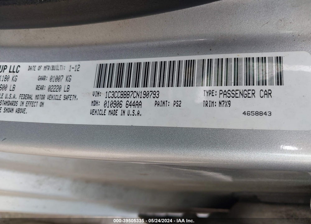 2012 CHRYSLER 200 TOURING VIN: 1C3CCBBB7CN190793