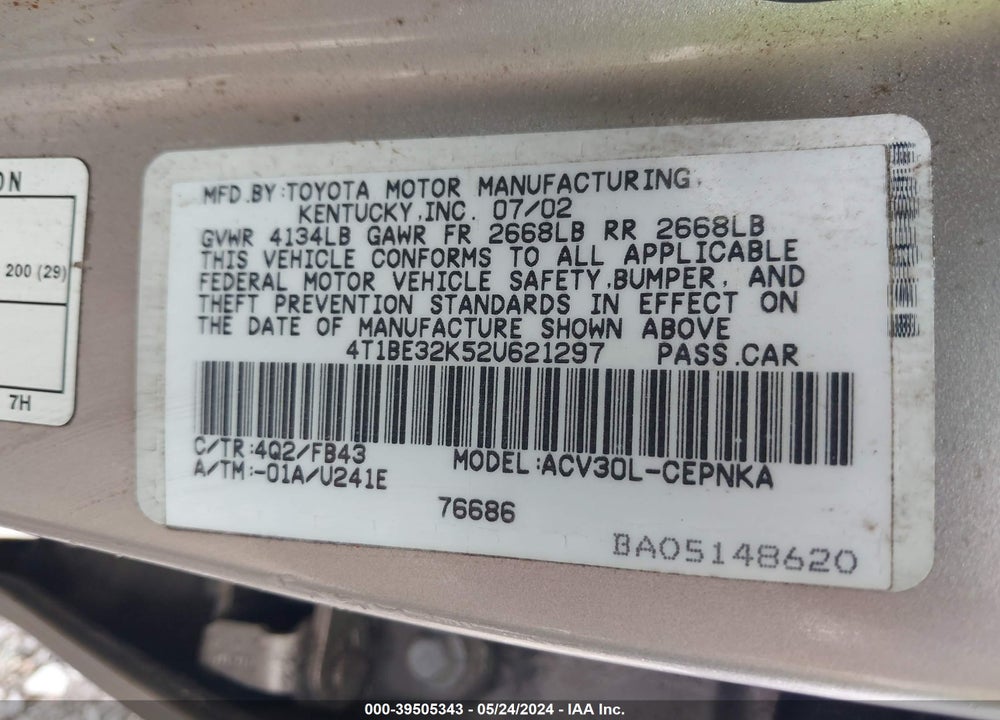 2002 TOYOTA CAMRY VIN: 4T1BE32K52U621297