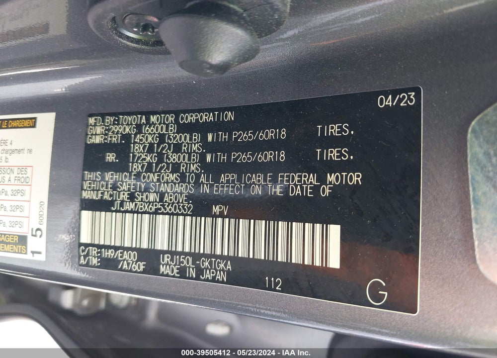 2023 LEXUS 460 PREMIUM VIN: JTJAM7BX6P5360332
