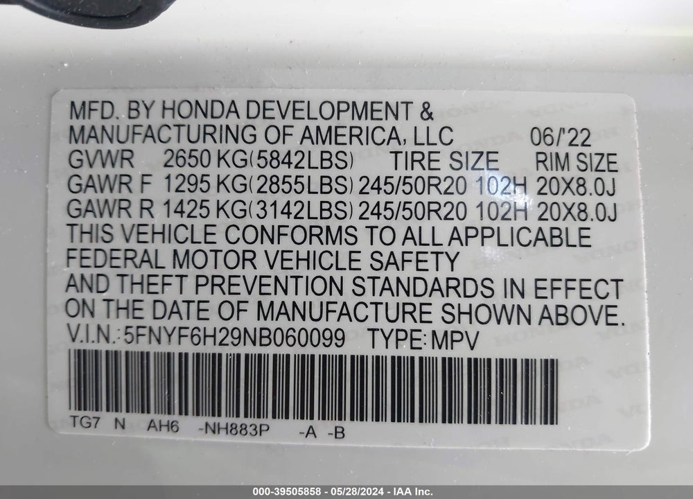 2022 HONDA PILOT AWD SPECIAL EDITION VIN: 5FNYF6H29NB060099