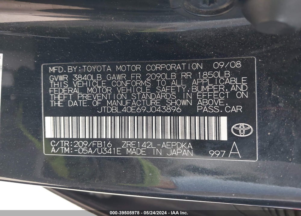 2009 TOYOTA COROLLA LE VIN: JTDBL40E69J043896