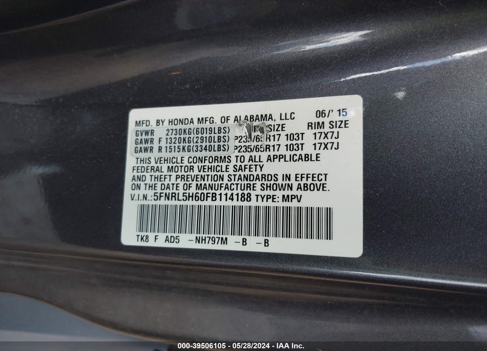 2015 HONDA ODYSSEY EX-L VIN: 5FNRL5H60FB114188