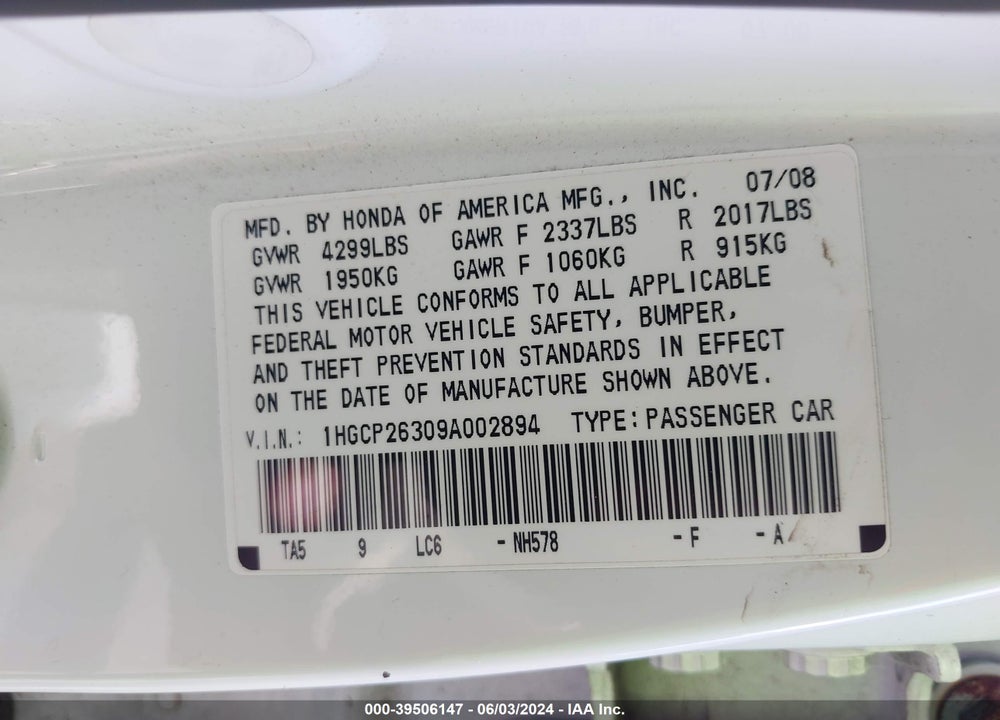 2009 HONDA ACCORD 2.4 LX VIN: 1HGCP26309A002894