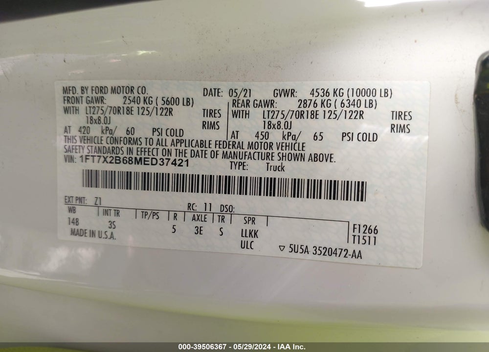 2021 FORD F-250 XLT VIN: 1FT7X2B68MED37421