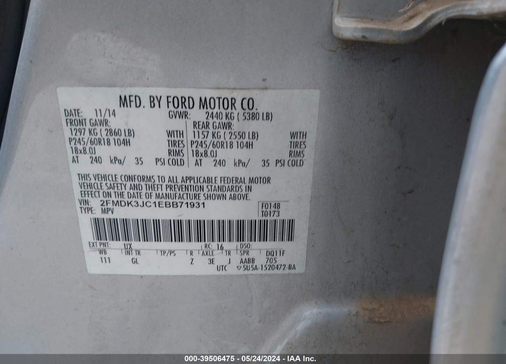 2014 FORD EDGE SEL VIN: 2FMDK3JC1EBB71931