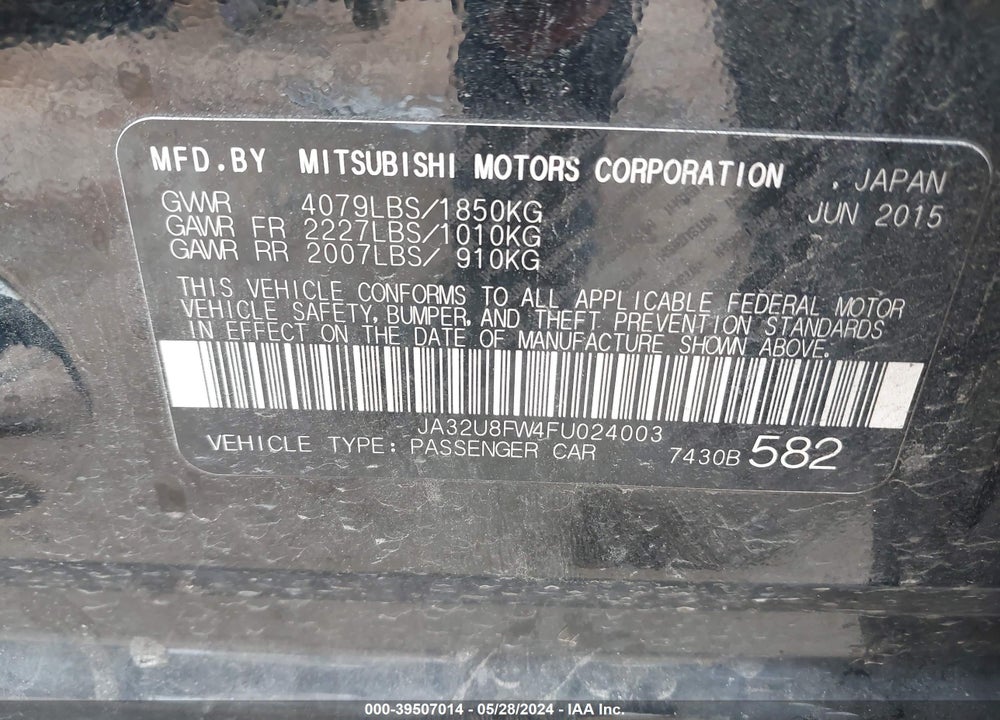 2015 MITSUBISHI LANCER GT VIN: JA32U8FW4FU024003