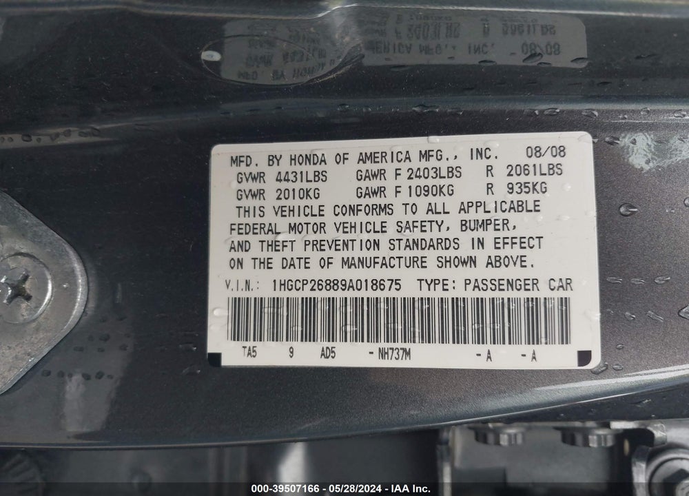 2009 HONDA ACCORD 2.4 EX-L VIN: 1HGCP26889A018675