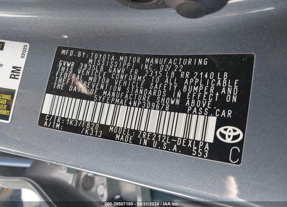 2022 TOYOTA COROLLA LE VIN: 5YFEPMAE4NP309678