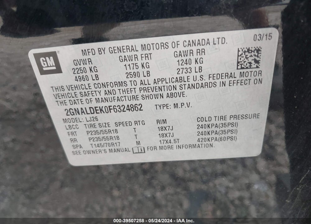 2015 CHEVROLET EQUINOX LTZ VIN: 2GNALDEK0F6324862
