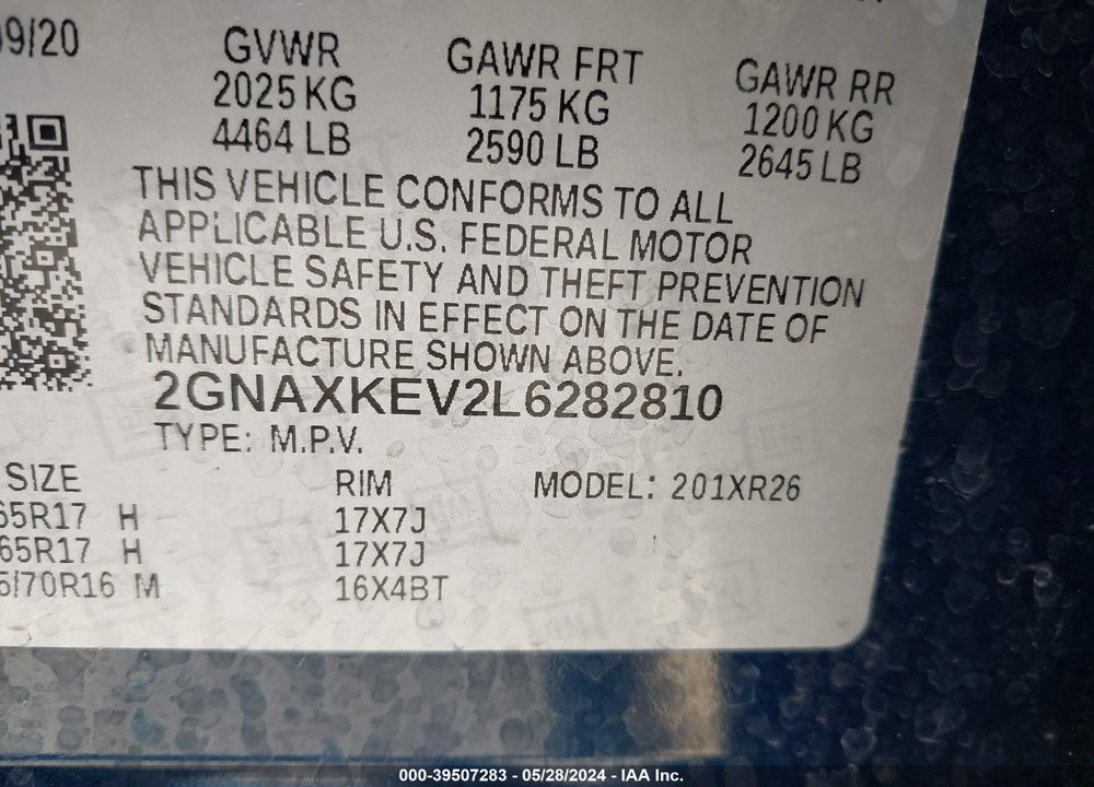 2020 CHEVROLET EQUINOX FWD LT 1.5L TURBO VIN: 2GNAXKEV2L6282810