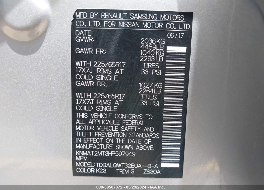 2017 NISSAN ROGUE SV VIN: KNMAT2MT3HP597949