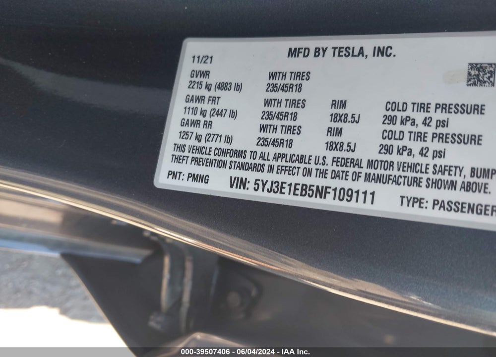 2022 TESLA MODEL 3 LONG RANGE DUAL MOTOR ALL-WHEEL DRIVE VIN: 5YJ3E1EB5NF109111