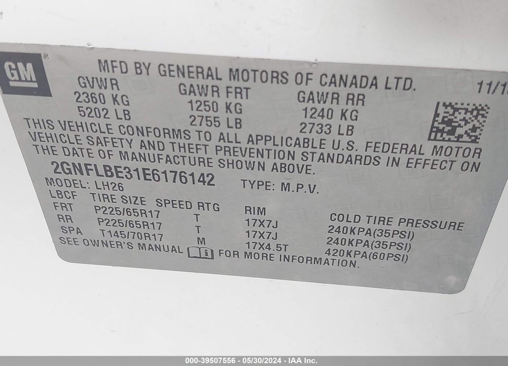 2014 CHEVROLET EQUINOX 1LT VIN: 2GNFLBE31E6176142