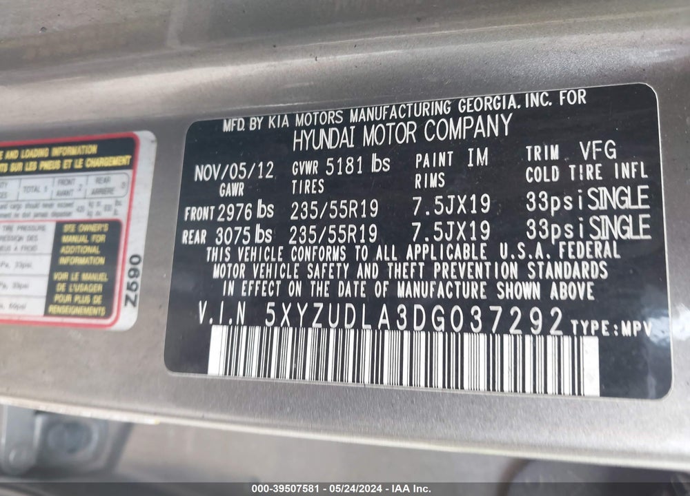 2013 HYUNDAI SANTA FE SPORT 2.0T VIN: 5XYZUDLA3DG037292