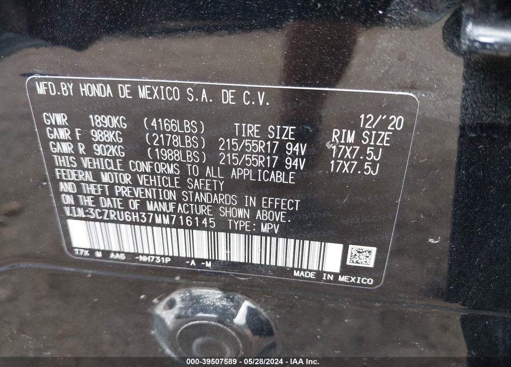 2021 HONDA HR-V AWD LX VIN: 3CZRU6H37MM716145