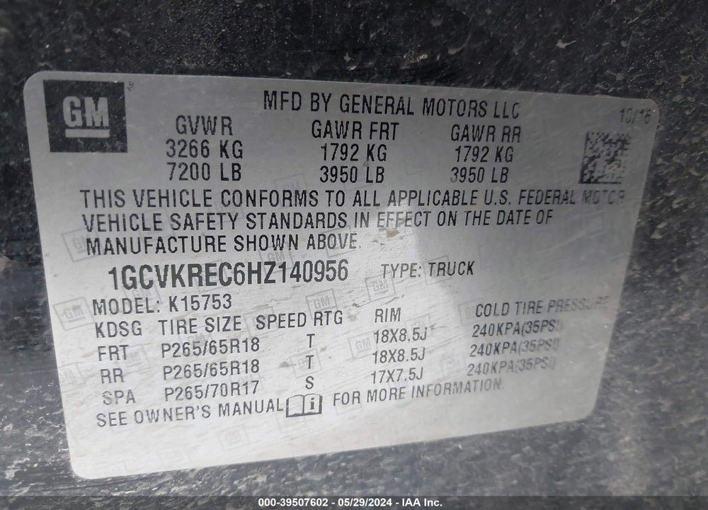 2017 CHEVROLET SILVERADO 1500 2LT VIN: 1GCVKREC6HZ140956