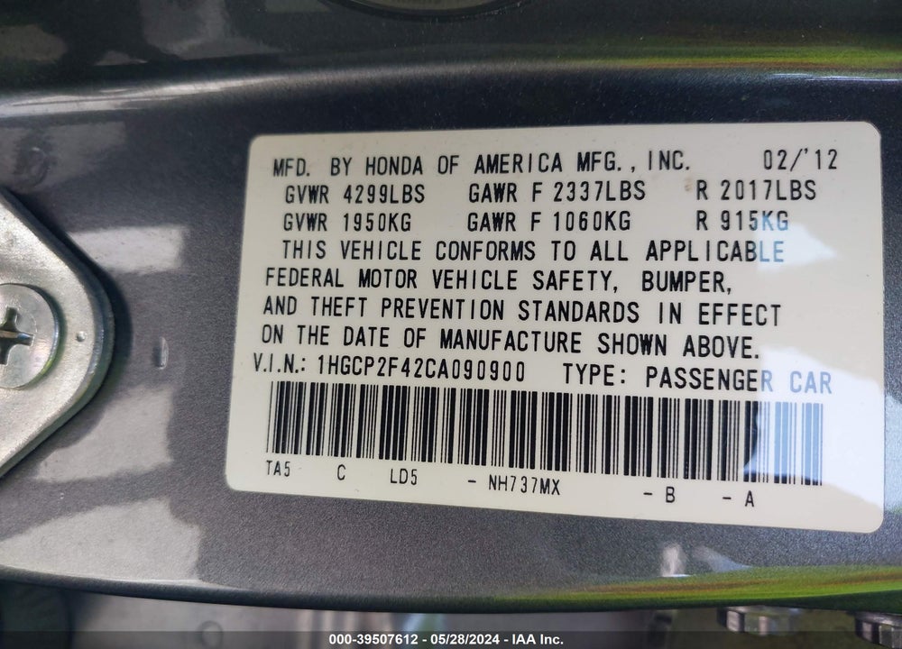 2012 HONDA ACCORD 2.4 LX-P VIN: 1HGCP2F42CA090900