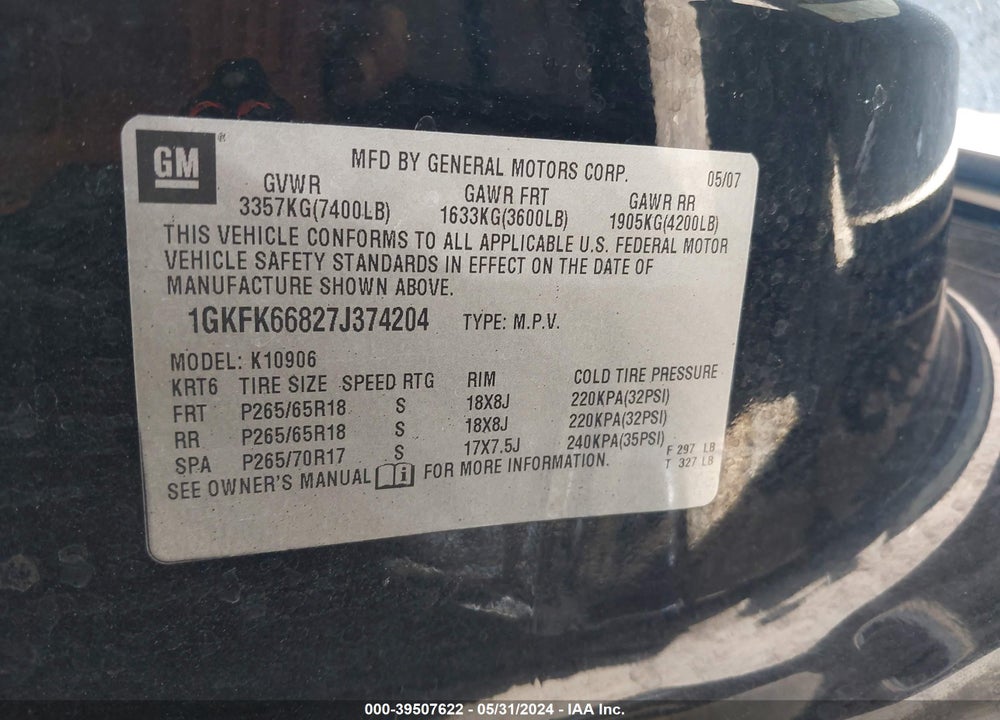 2007 GMC YUKON XL 1500 DENALI VIN: 1GKFK66827J374204
