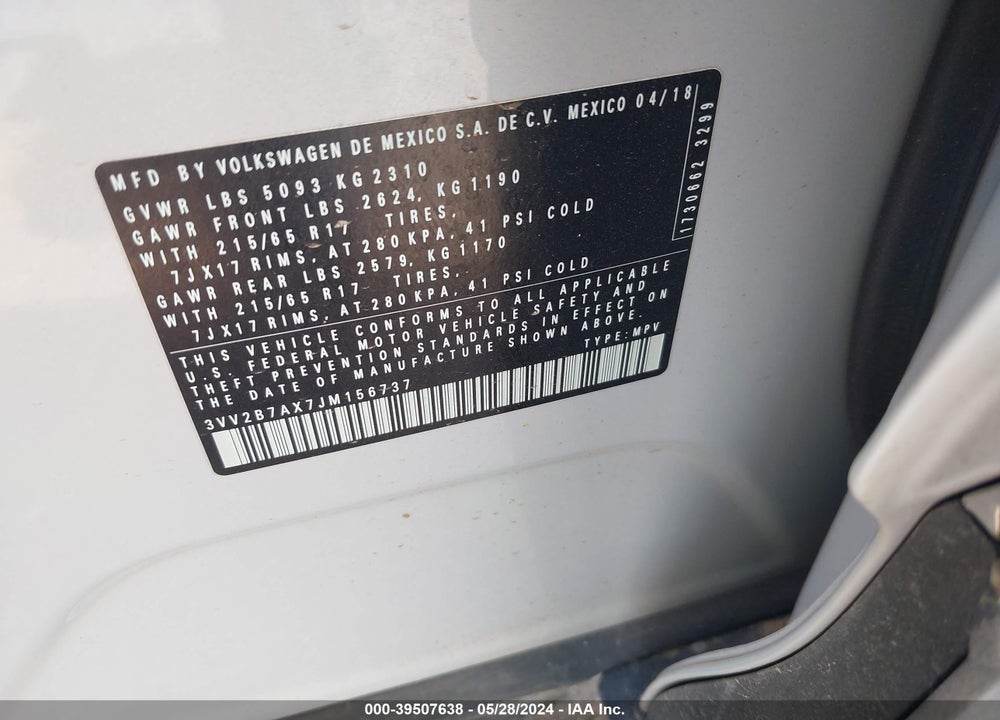 2018 VOLKSWAGEN TIGUAN 2.0T SE/2.0T SEL VIN: 3VV2B7AX7JM156737