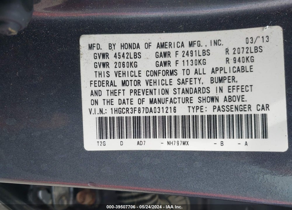 2013 HONDA ACCORD EX-L V-6 VIN: 1HGCR3F87DA031216