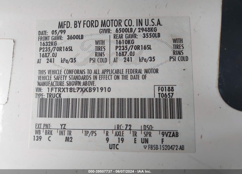 1999 FORD F-150 LARIAT/XL/XLT VIN: 1FTRX18L7XKB91910