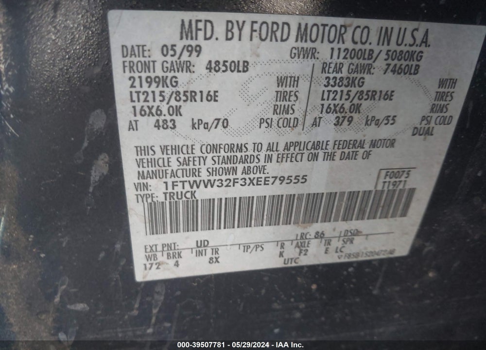 1999 FORD F-350 LARIAT/XL/XLT VIN: 1FTWW32F3XEE79555
