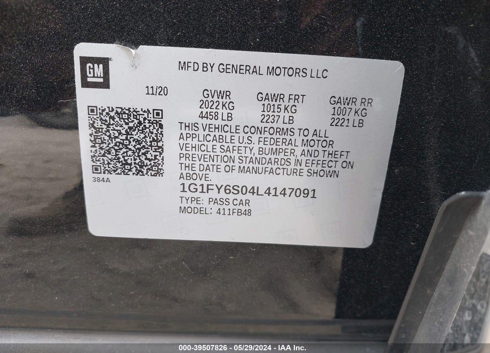 2020 CHEVROLET BOLT EV FWD LT VIN: 1G1FY6S04L4147091