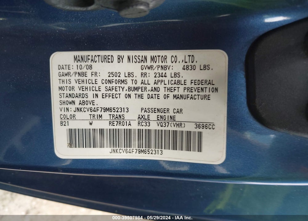 2009 INFINITI G37X VIN: JNKCV64F79M652313