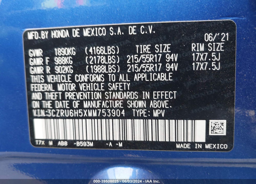 2021 HONDA HR-V VIN: 3CZRU6H5XMM753904