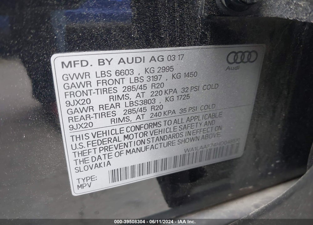 2017 AUDI Q7 3.0T PREMIUM VIN: WA1LAAF74HD048510