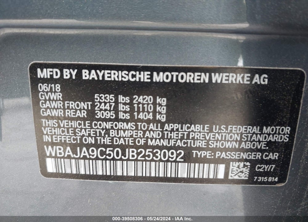 2018 BMW 530E IPERFORMANCE VIN: WBAJA9C50JB253092