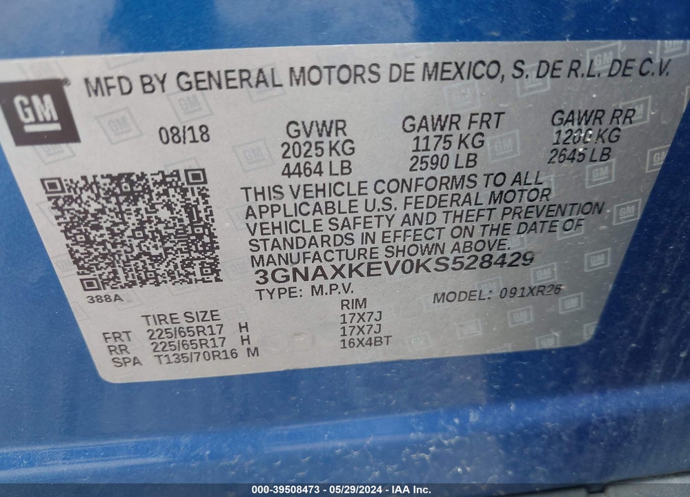 2019 CHEVROLET EQUINOX LT VIN: 3GNAXKEV0KS528429