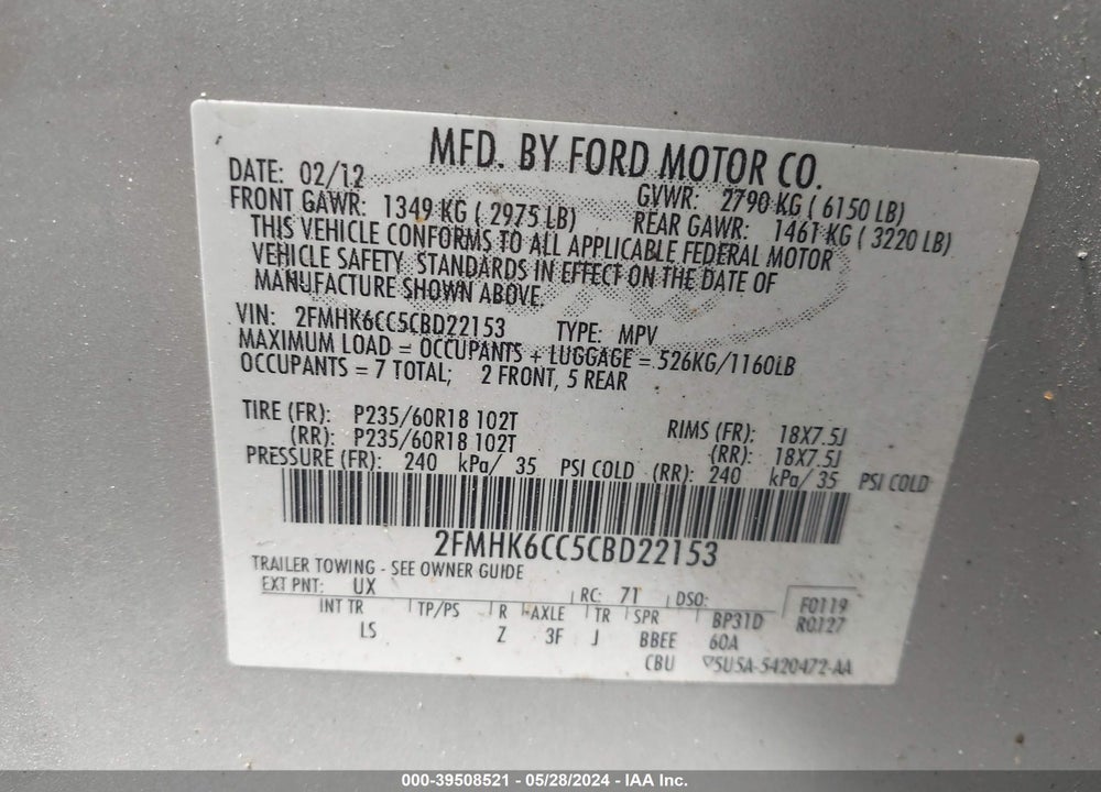 2012 FORD FLEX SEL VIN: 2FMHK6CC5CBD22153