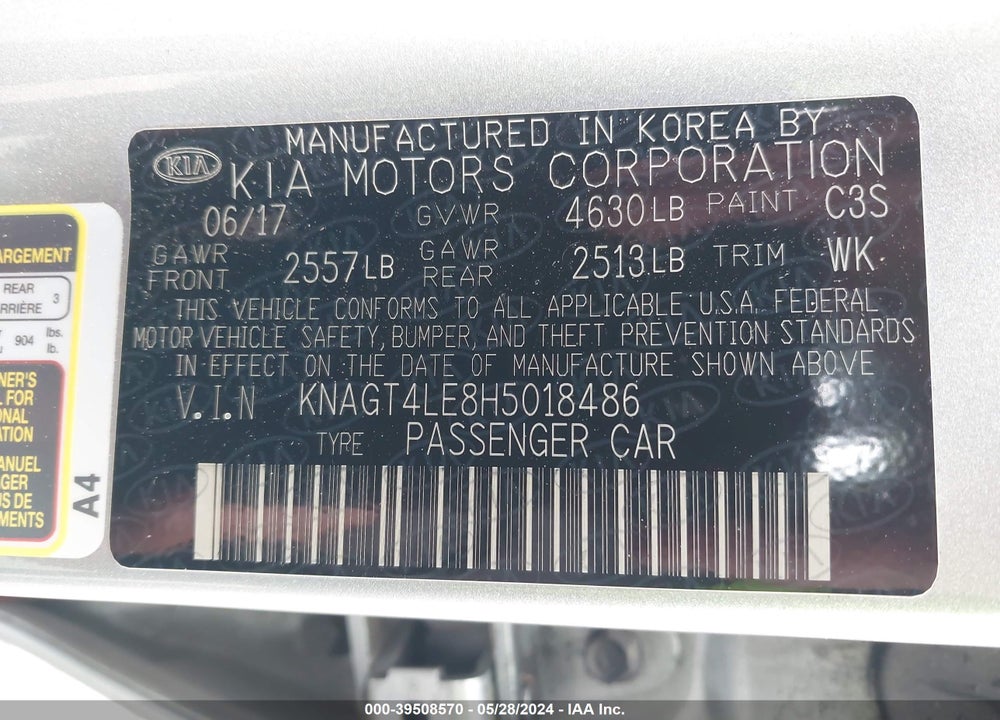 2017 KIA OPTIMA HYBRID VIN: KNAGT4LE8H5018486