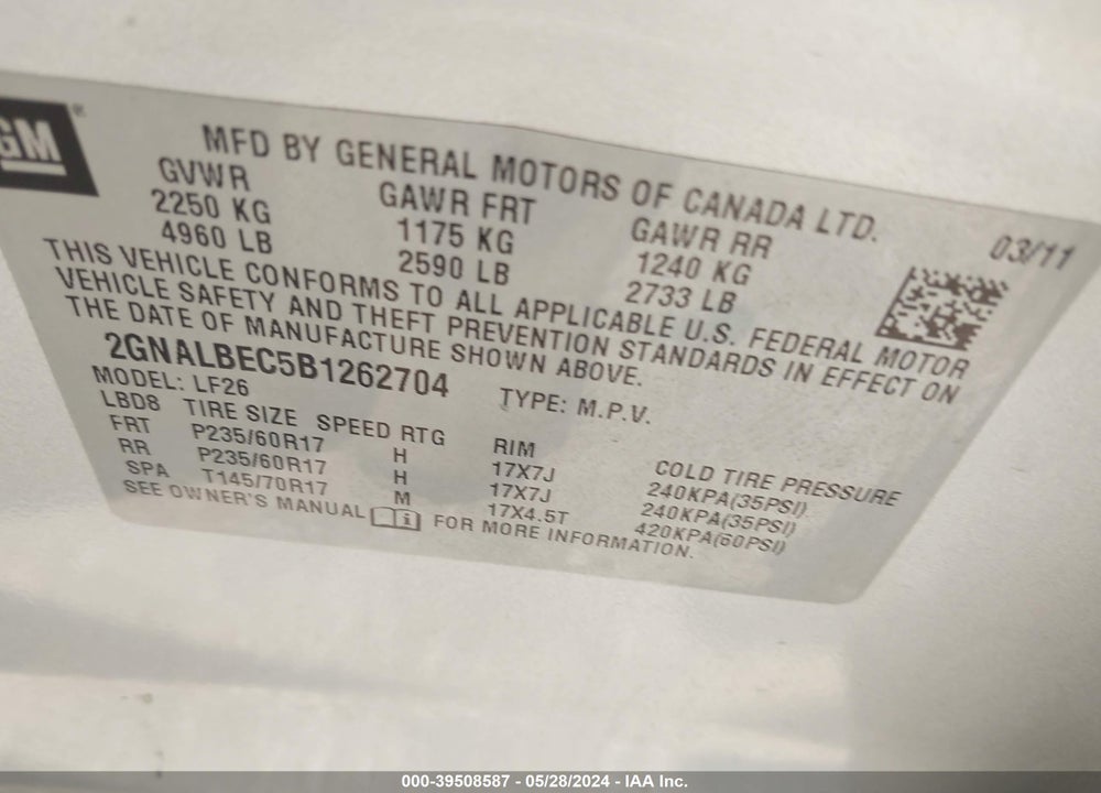 2011 CHEVROLET EQUINOX LS VIN: 2GNALBEC5B1262704