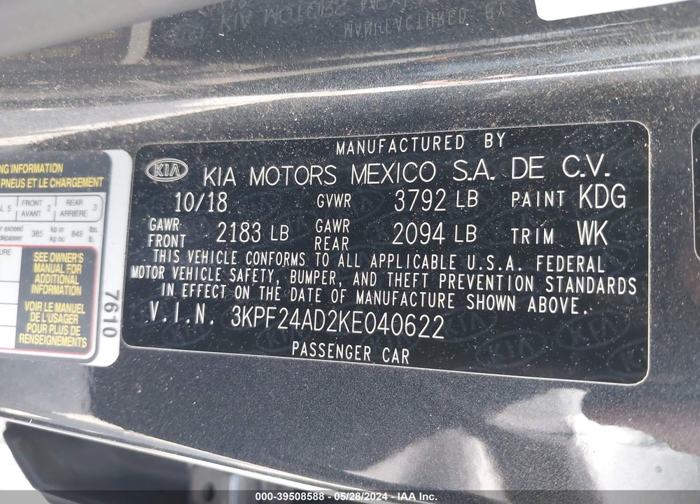 2019 KIA FORTE LXS VIN: 3KPF24AD2KE040622