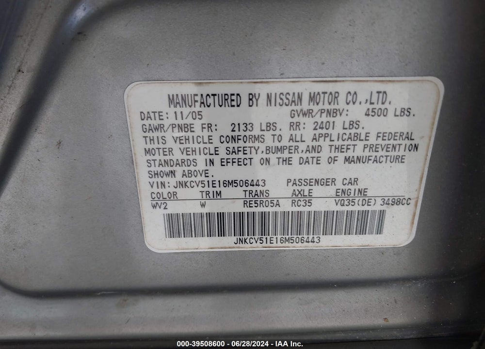 2006 INFINITI G35 VIN: JNKCV51E16M506443