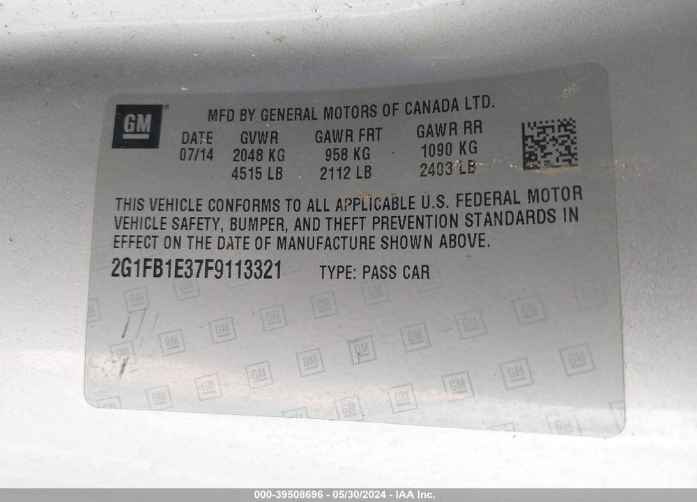 2015 CHEVROLET CAMARO 2LS VIN: 2G1FB1E37F9113321