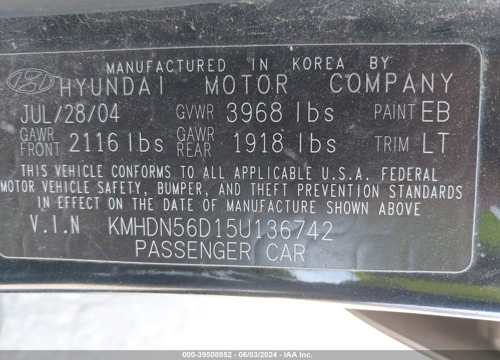 2005 HYUNDAI ELANTRA GLS/GT VIN: KMHDN56D15U136742
