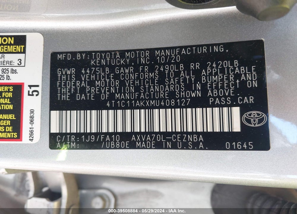2021 TOYOTA CAMRY LE VIN: 4T1C11AKXMU408127