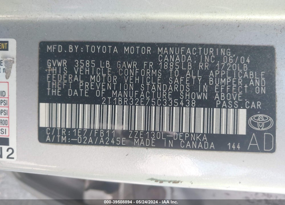 2005 TOYOTA COROLLA LE VIN: 2T1BR32E75C335438