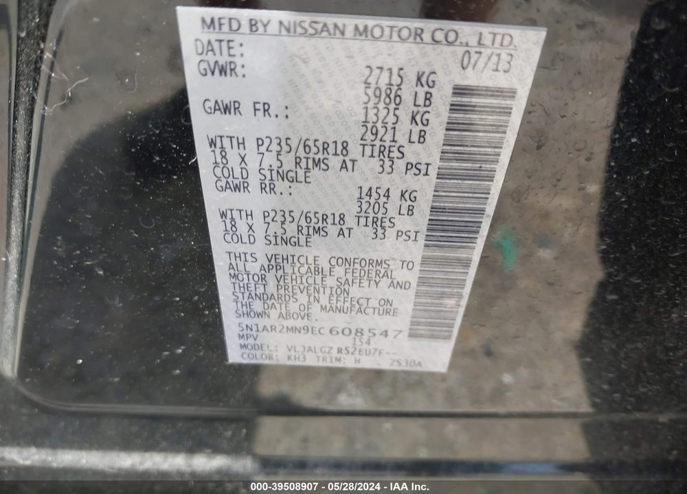 2014 NISSAN PATHFINDER SL VIN: 5N1AR2MN9EC608547