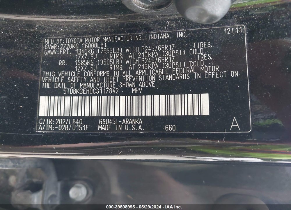 2012 TOYOTA HIGHLANDER SE V6 VIN: 5TDBK3EH0CS117842